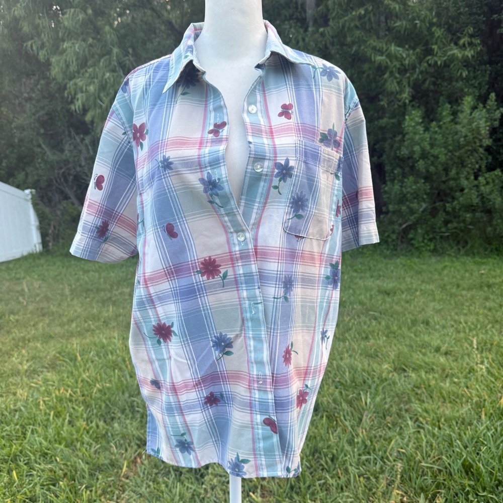 Alfred Dunner Button Up Shirt Womens 12 Blue Floral Vintage Coastal Boho Beach